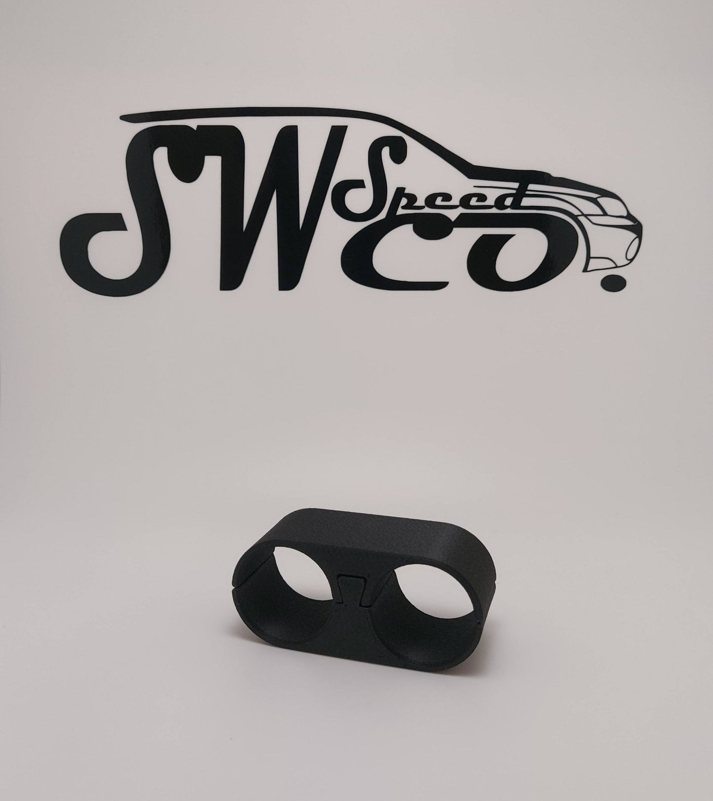 Ghost Interlock Hose Separator Assembled 28 mm in front of white background with black SW Speed Co logo.