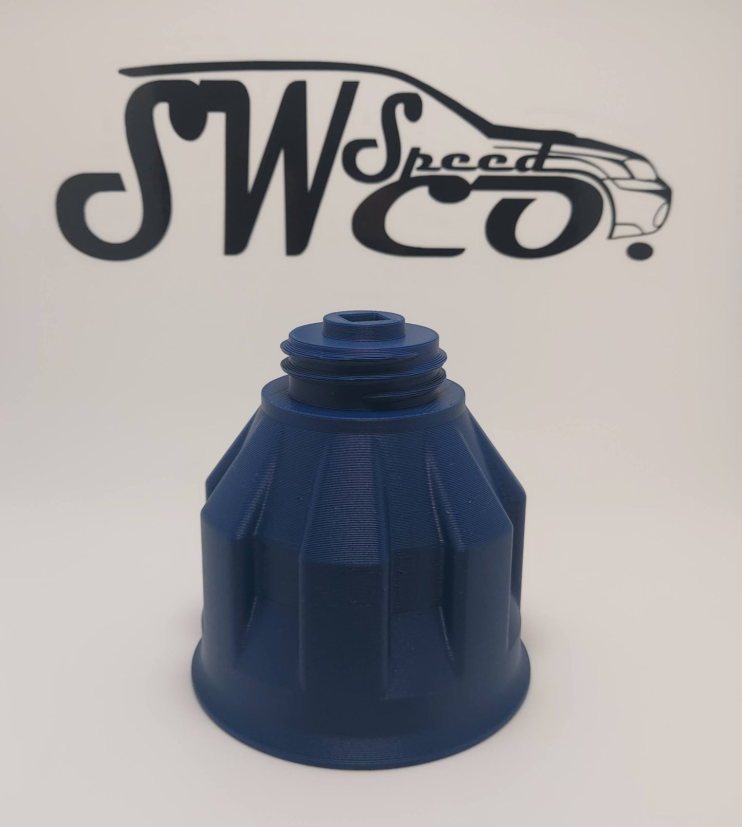 Subaru EJ Oil Funnel Tool Front View Blue with a white background and black SW Speed Co. Logo